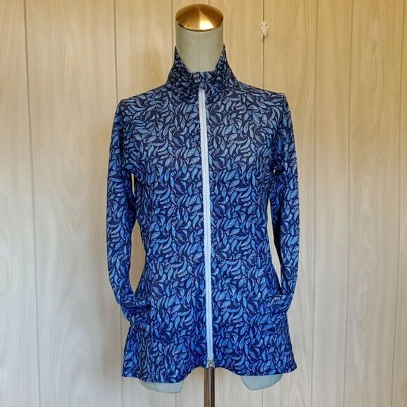 Peter Millar | Navy Palm Frond Print Skirted Full-Zip Jacket - Picture 1 of 9